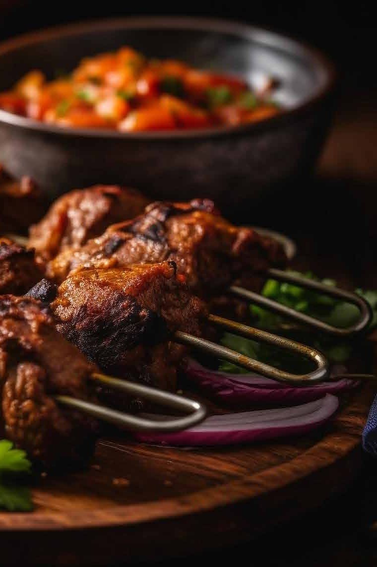 Charred seekh kebabs on a wooden platter